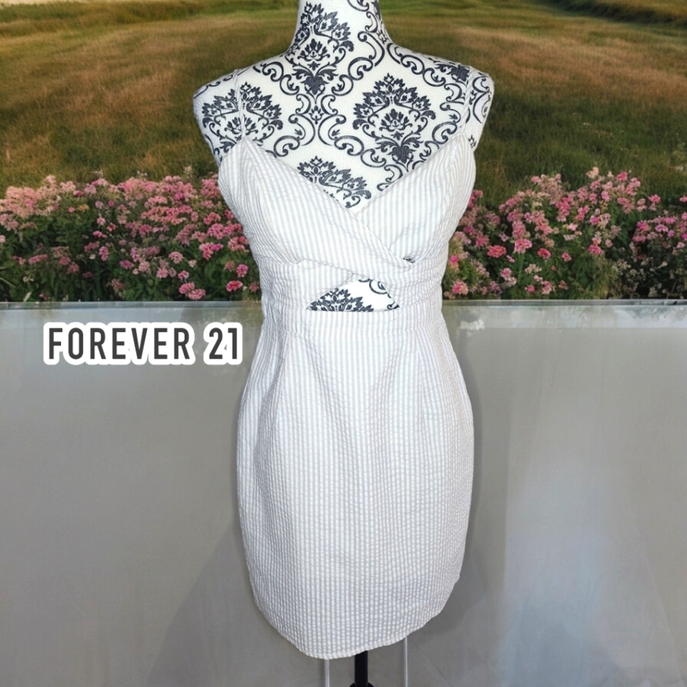 FOREVER 21 White & Tan Stripped Mini Dress- Medium